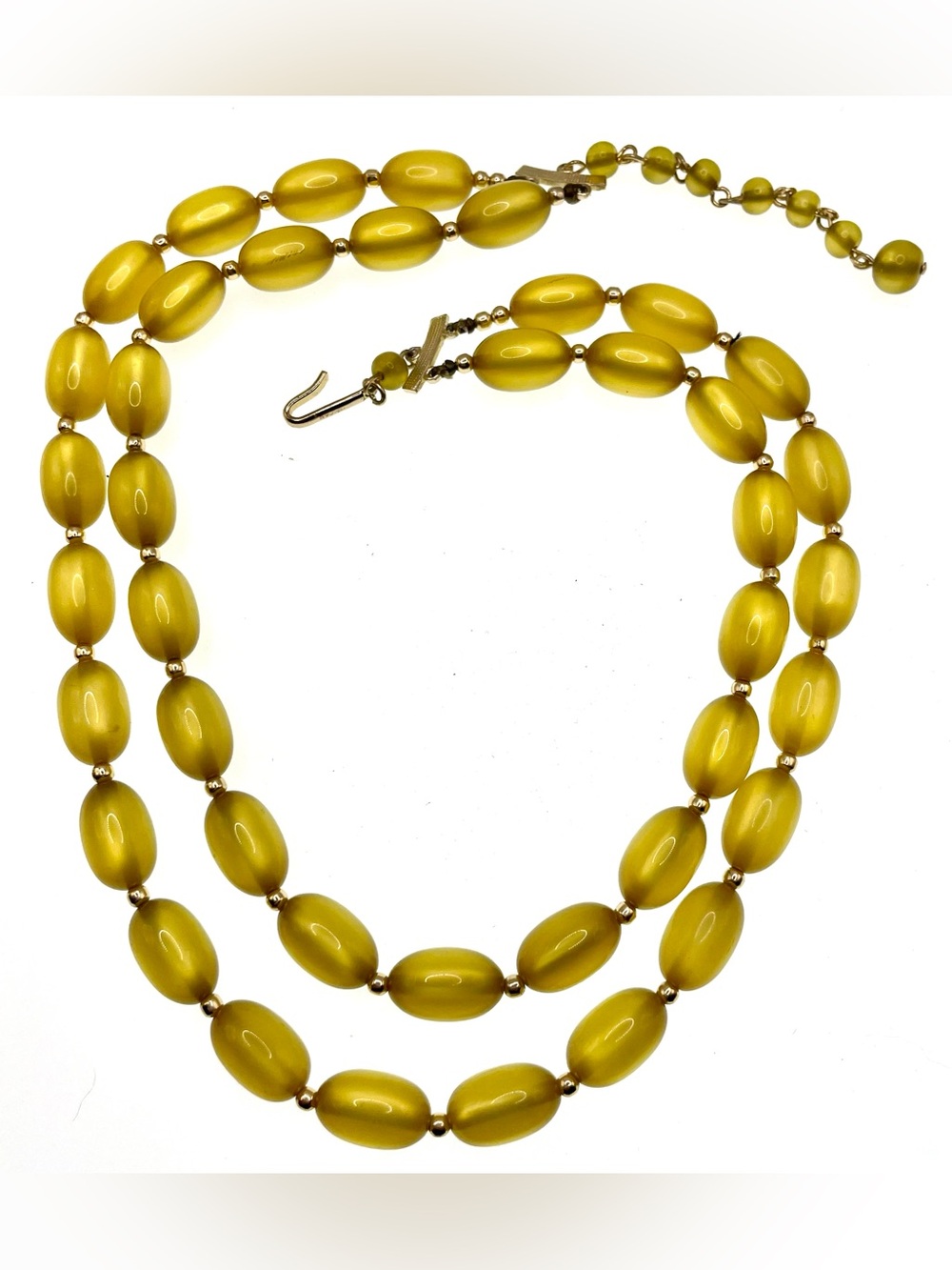 Vintage Japan Double Strand Yellow Cat’s Eye Acrylic Bead Necklace Mid Century